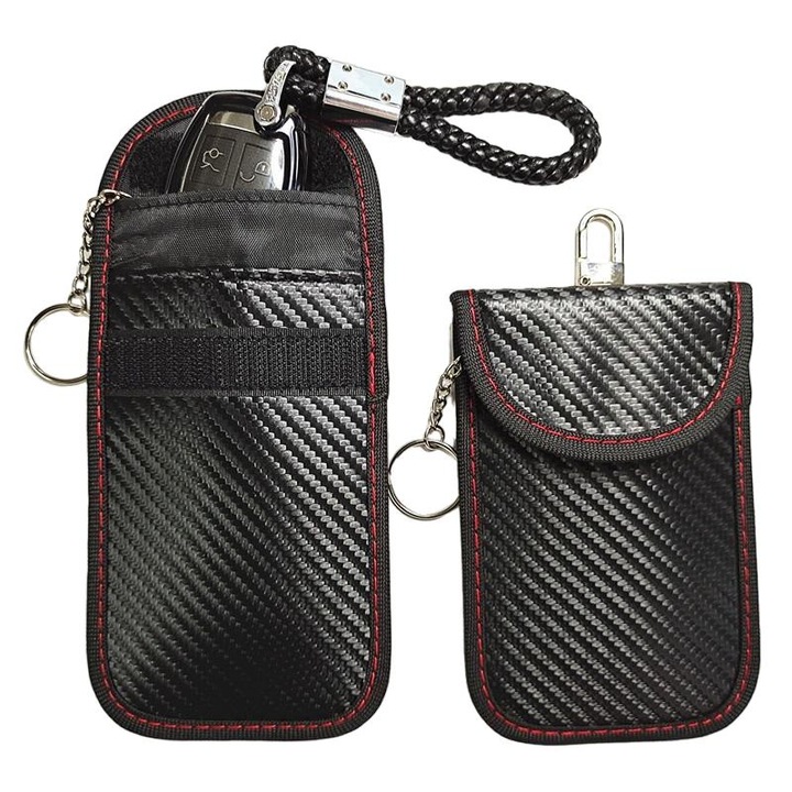 Set 2 Huse Protectie Chei Auto, Piele PU, Ecranare RF, Negru