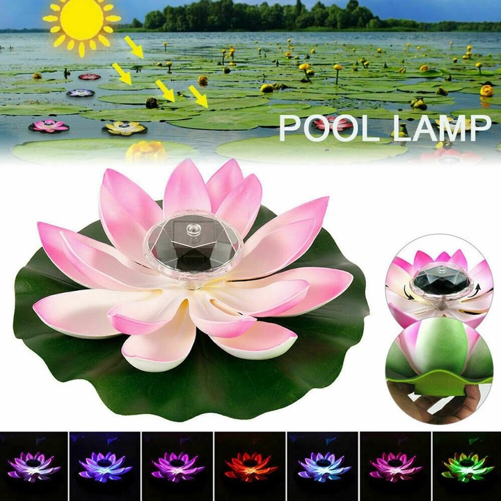 Lampa LED solara, KkvoGmle, floare de lotus, roz, 10x10cm, pentru decorare piscina si iaz
