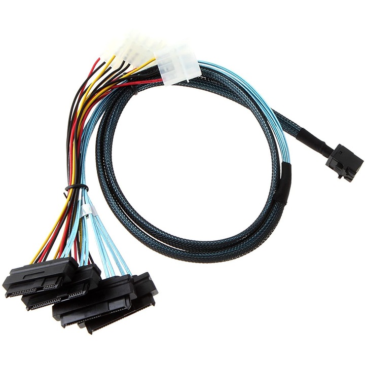 Кабел за данни на твърд диск за сървър, Mini SAS SFF-8643 до 4xSFF-8482, 1M, черен