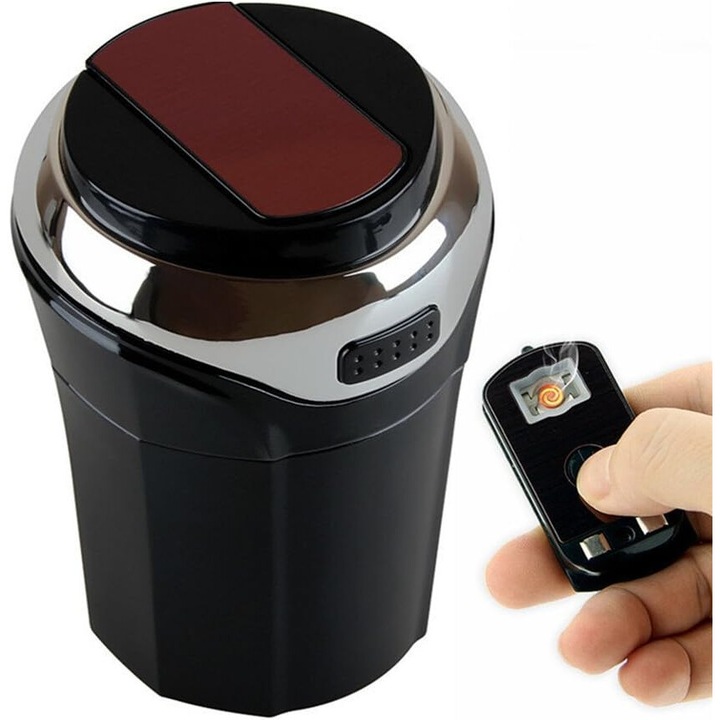 Scrumiera auto din otel inoxidabil, Enforose, cu capac etans, bricheta portabila, lumina albastra, dimensiuni universale