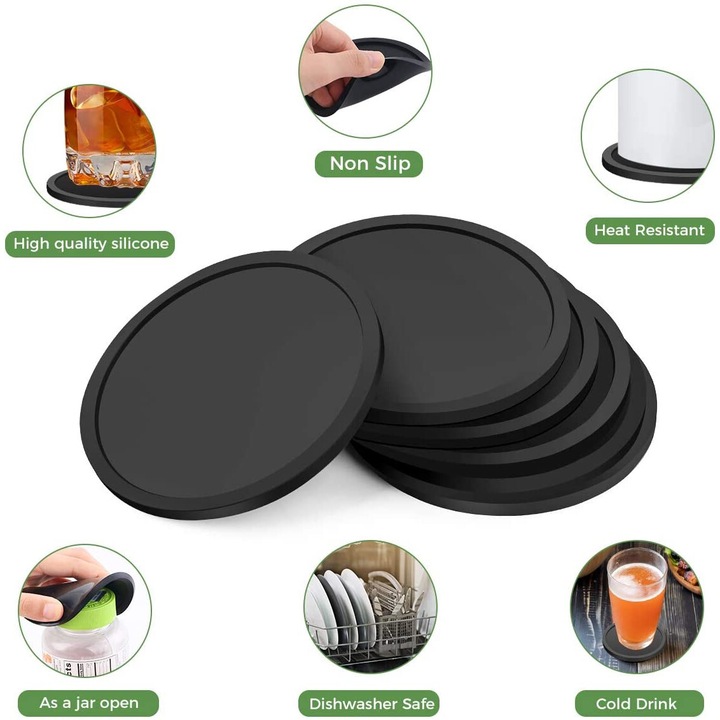 6 darabos fekete szilikon alátét készlet üveg italos poharakhoz, kávésbögrékhez, üvegekhez és dobozokhoz, az íróasztalok nedvességtől és hőtől való megóvására