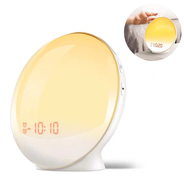 Ceas desteptator cu simulare a rasaritului, Bizaical, 7 culori, 20 niveluri de luminozitate, alb, 16x16x6cm