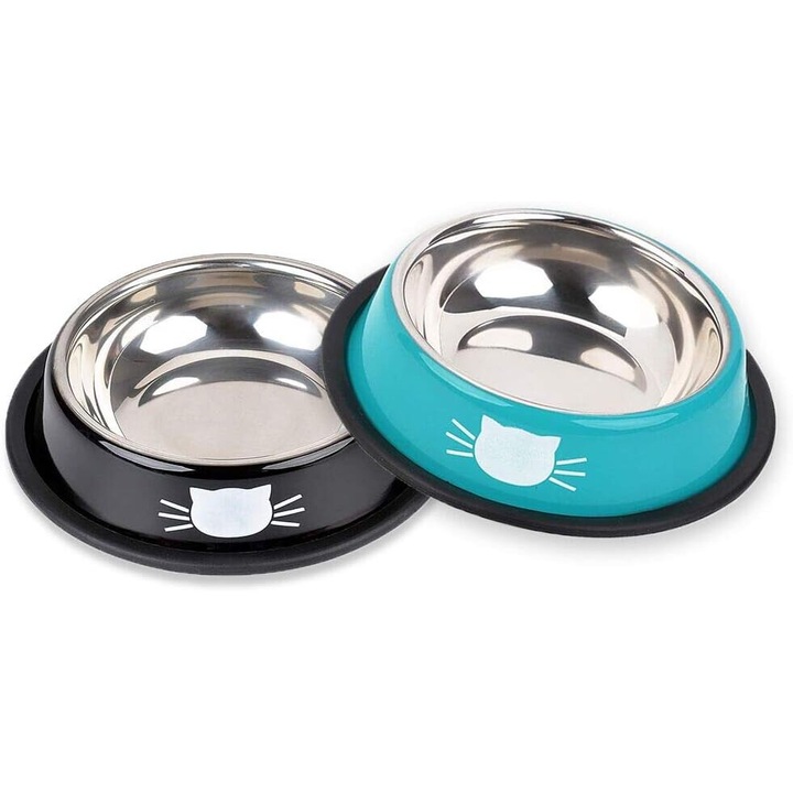 Купа за котешка храна, купа за котешка храна - 2 броя Купа за котешка храна от неръждаема стомана Комплект неплъзгащи се купи за котки, кученца, хамстери, зайци, малки животни