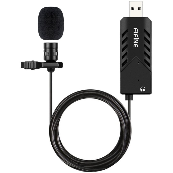 Microfon lavalier USB cu clip, cardioid, plug and play, cablu 2m, negru