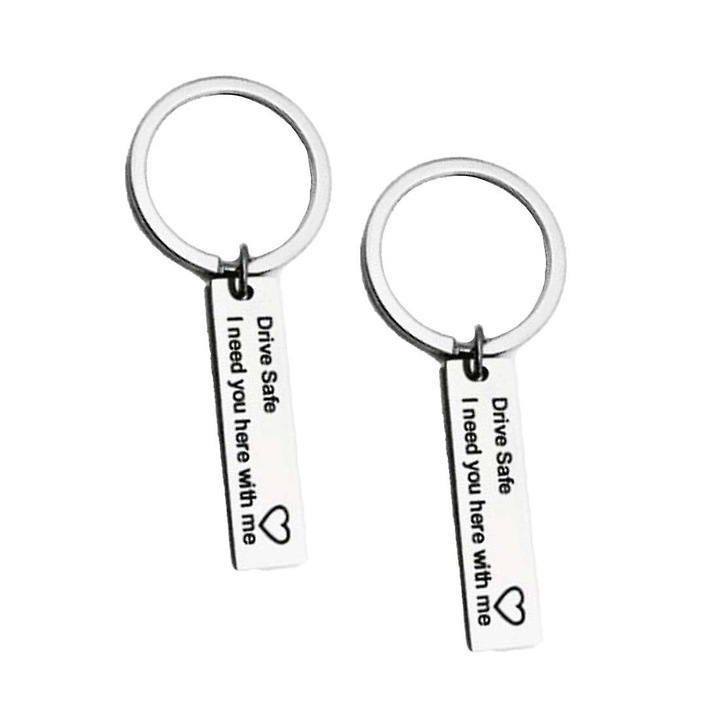 2 db QttvbTna kulcstartó készlet, medál üzenettel, rozsdamentes acél, ezüst, 40x10 mm