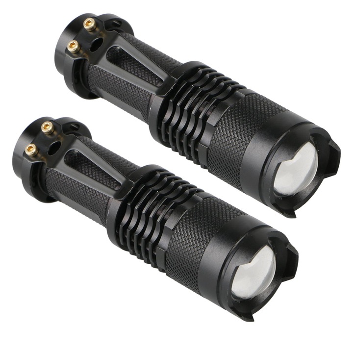 Комплект от 2 тактически джобни фенера, LED, 3 режима на светене, регулируемо увеличение, водоустойчив, клипс, черен