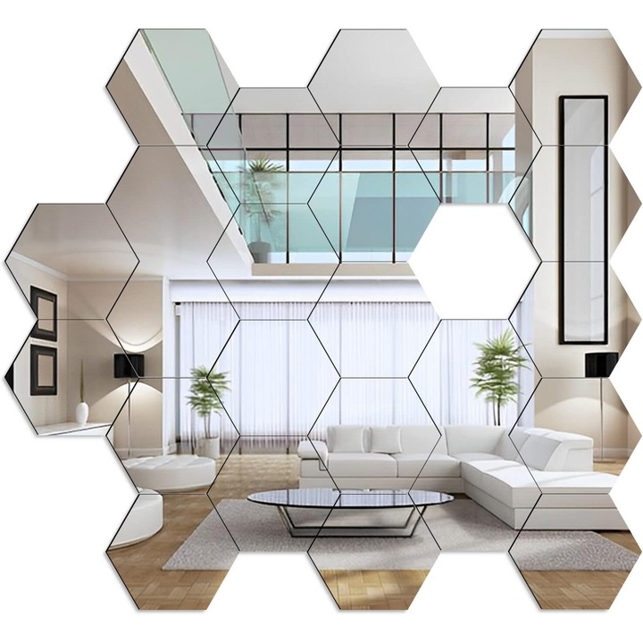 Tükör fali művészet, Enforose, hatszögletű, öntapadós, környezetbarát, 24 darabos készlet.