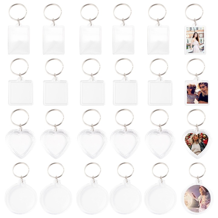 Brelocuri foto set 24 bucati acrilic transparent, forme dreptunghi, inima, patrat, cerc, dimensiuni variate