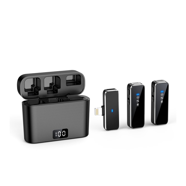 Vezeték nélküli csíptetős mikrofon zajszűréssel, 2.4G, 40m, 2 adóegységgel