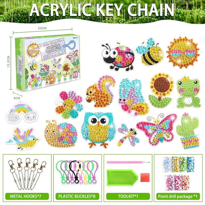 Set de artizanat, 15 piese, ornament cu diamante, pentru copii 8-12 ani, multicolor