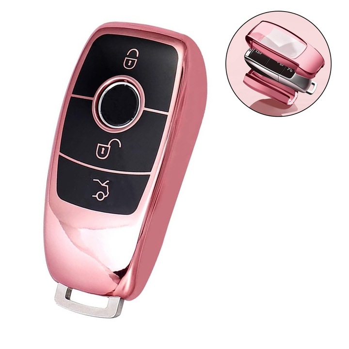 Husa cheie auto, TPU ecologic, roz auriu, cu Breloc