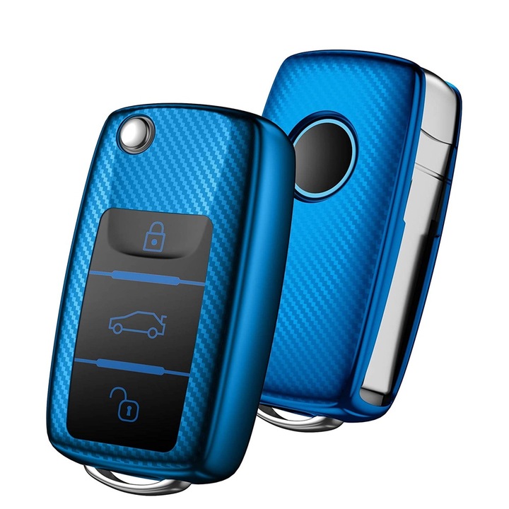 Husa protectie cheie auto, model carbon, pentru Volkswagen, albastru, 7.7x5x2.6cm, set cu breloc
