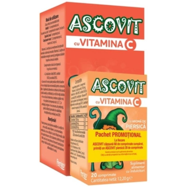Pachet, Ascovit Capsuni 100mg x 60 comprimate + Cadou Ascovit Piersica 100mg x 20 comprimate