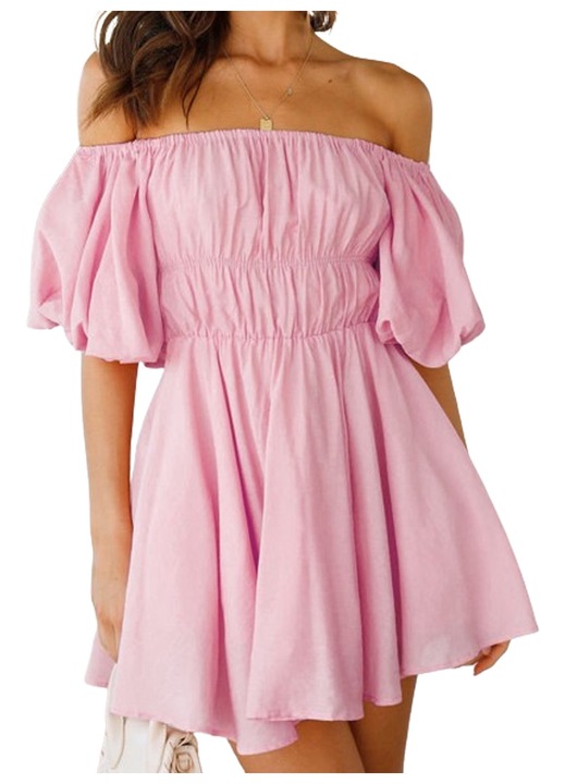 Rochie scurta cu maneci bufante, Cozevdnt, Rayon, Roz, S INTL