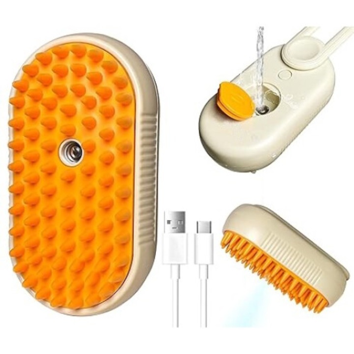 3 az 1-ben multifunkcionális kisállatkefe, TENGDA INTELLIGENS, 360°-ban forgatható nyéllel egykattintásos spray szőrtelenítő eszköz, szilikon masszázsfésű, USB újratölthető, barna/narancs színű, 12 x 4,5 x 7 cm