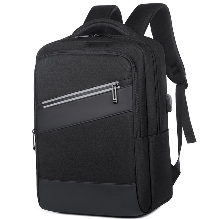 Rucsac Casual, Poliester Impermeabil, Compartiment Laptop 14 inch, Negru, 30x42x16cm