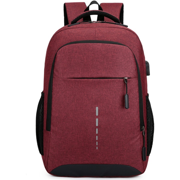 Rucsac pentru laptop, USB, Poliester, Pentru laptop 14 inch, Rosu