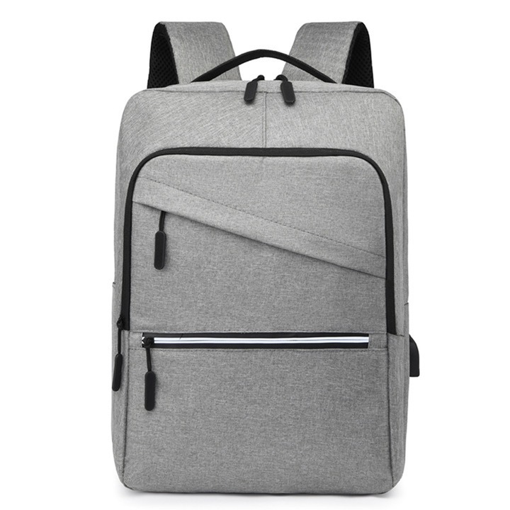 Rucsac laptop, Nylon/Poliester, USB, Pentru laptop 15.6", Gri