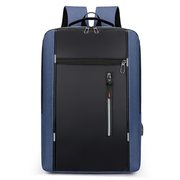 Rucsac laptop, Nylon/Poliester, USB, Pentru laptop 15.6", Negru/Albastru