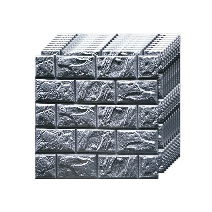 Set 10 Panouri Decorative 3D, Autocolante, Spuma PE, Gri, 30x30x0.5cm