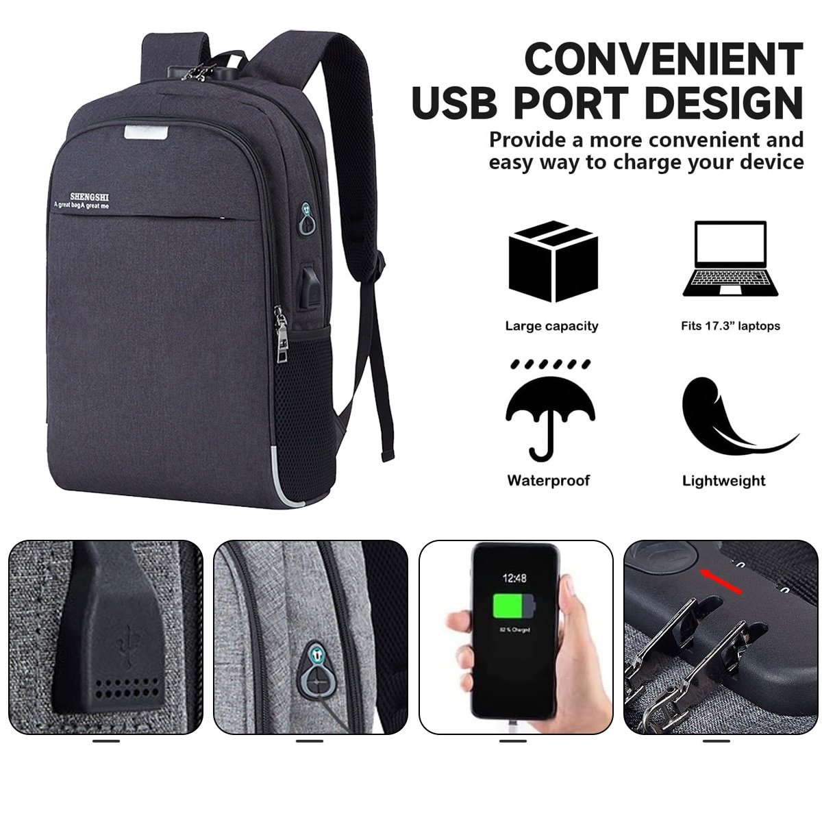 Rucsac multifunctional cu port USB, compartiment laptop 15.6 inch, negru, 46x30x13cm