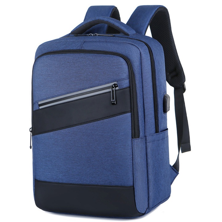 Rucsac pentru laptop, USB, Poliester, Pentru laptop 14 inch, Albastru