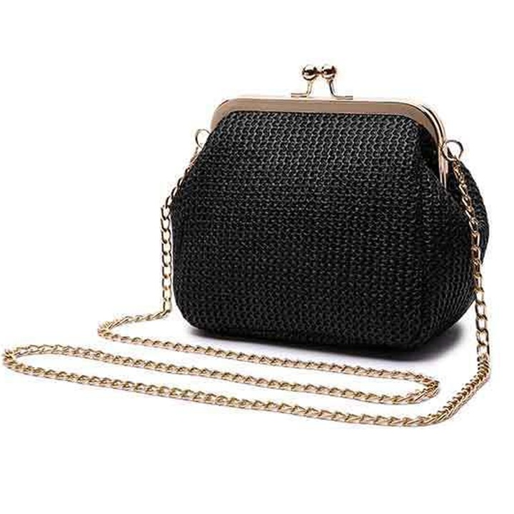 Jormftte női táska, szalmautánzat modell, fekete, 17x10x14cm, hosszú állítható pánttal