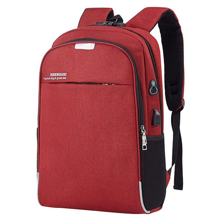 Rucsac multifunctional, incarcare USB, compartiment laptop 15.6 inch, rosu, 46x30x13cm