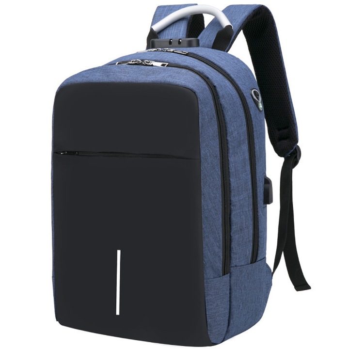 Rucsac laptop, Nylon/Poliester, USB, Pentru laptop 15.6", Negru/Albastru