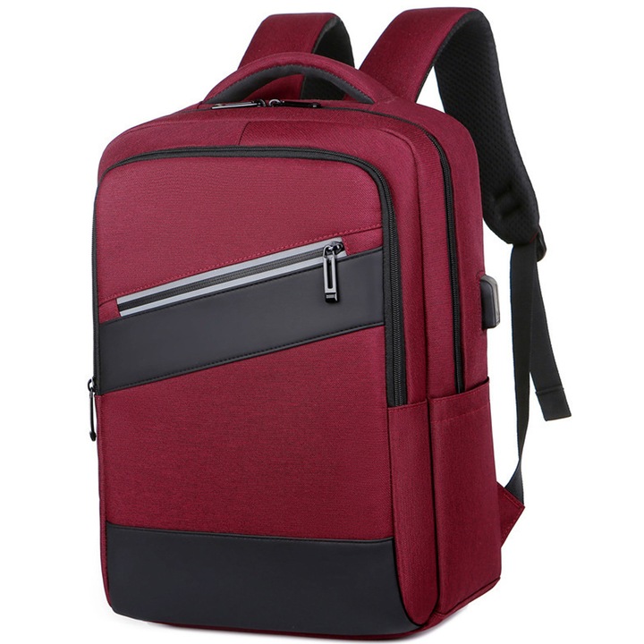 Rucsac Casual, Impermeabil, Poliester, Compartiment Laptop 14 inch, Multibuzunar, Rosu, 30x42x16cm