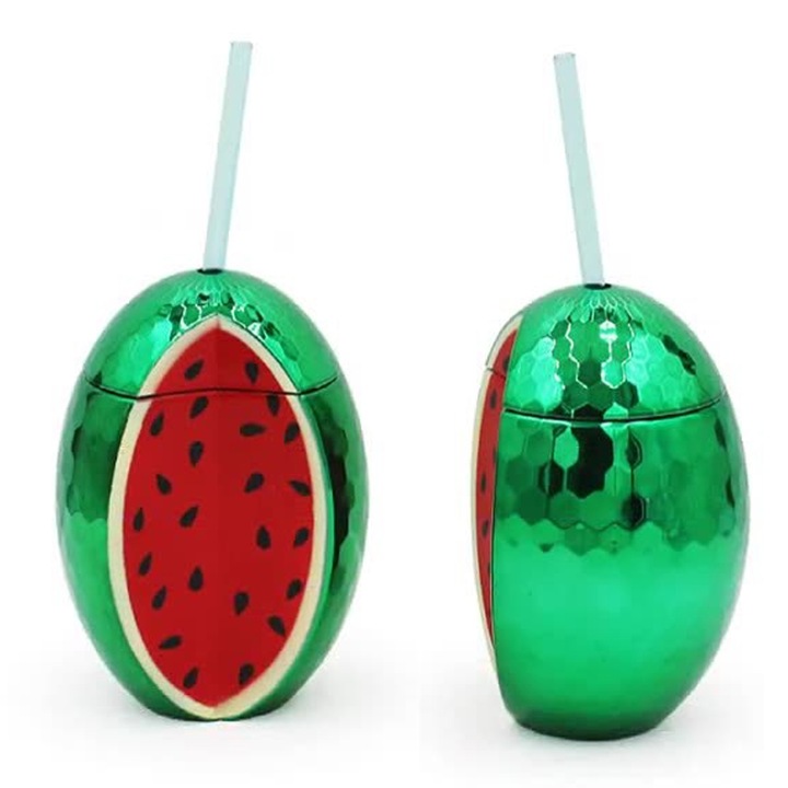 Pahar in forma de pepene, Enforose, cu pai, verde/rosu