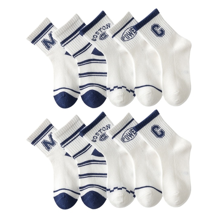 Детски чорапи, бели/сини, комплект от 5 чифта, Бял/Син