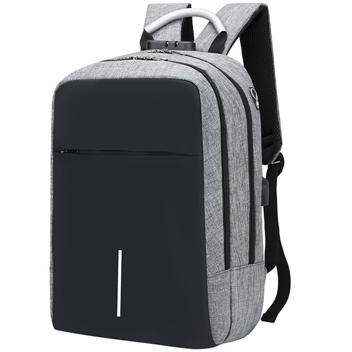 Rucsac laptop, Nylon/Poliester, USB, Pentru laptop 15.6", Negru/Gri
