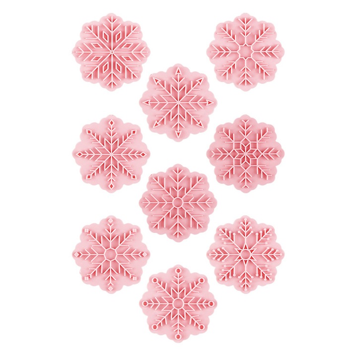 Set 9 forme prajituri, model fulg de nea, polipropilena, roz