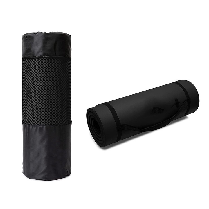Saltea fitness antiderapanta, set curea si geanta din plasa, negru