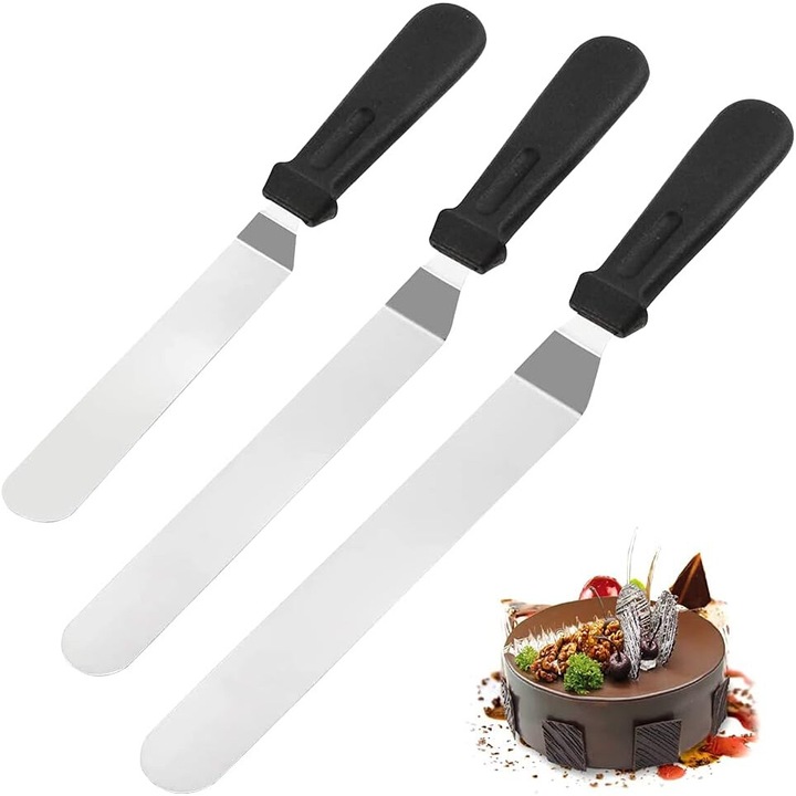 Set 3 spatule unghiulare pentru decorat prajituri, Otel inoxidabil, Argintiu