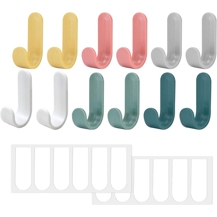 Set 12 carlige autoadezive, multicolor, ABS, 6x3.2cm