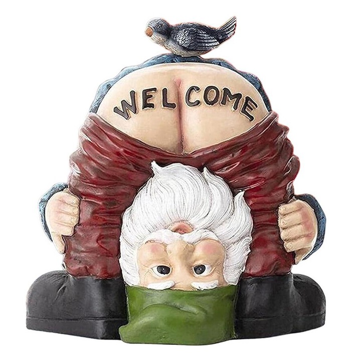 Statueta pentru gradina, pitic cu fundul gol, rezistenta la intemperii, multicolor, 15x14x11cm