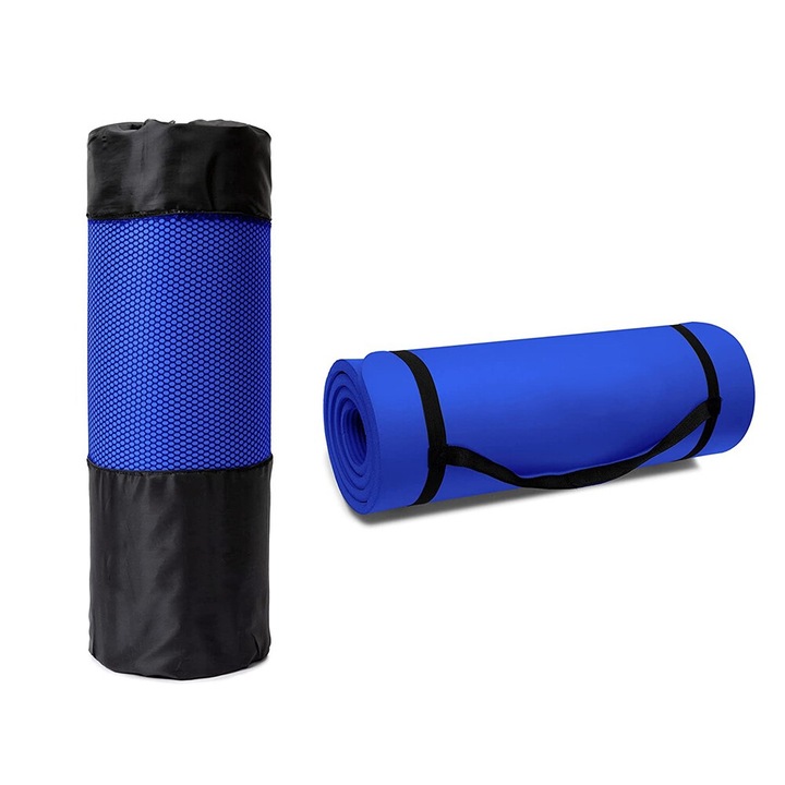 Saltea fitness antiderapanta, set curea si geanta din plasa, albastru