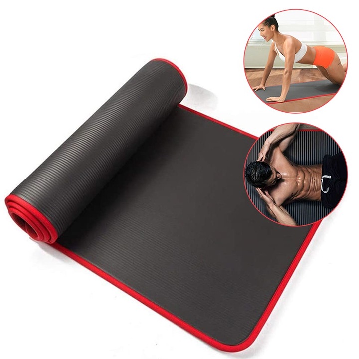 Saltea yoga antiderapanta Bizaical, 183x61x1cm, neagra, cu suport excelent si usor de transportat, set cu geanta de plasa