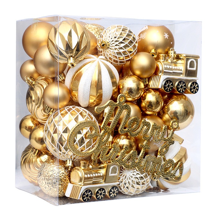 Set 65 Globuri de Craciun, Plastic, Auriu, 25x23x15.5cm
