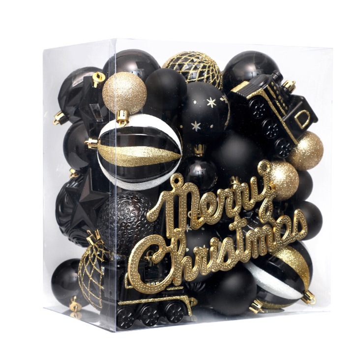Set 65 Globuri de Craciun, Plastic, negru/auriu, 25x23x15.5cm