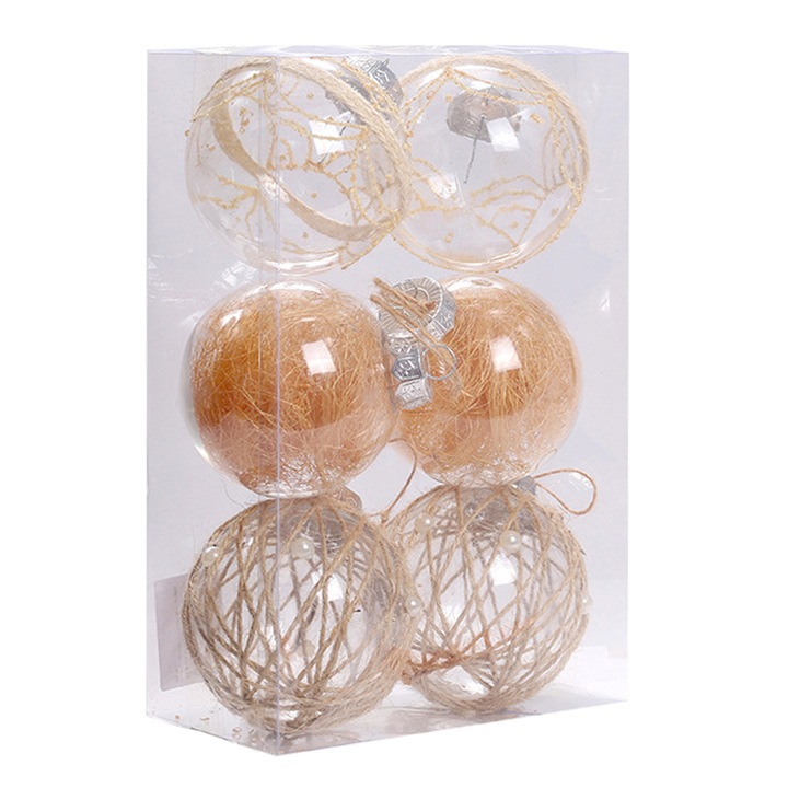 Set 6 Globuri de Craciun, Bej/Transparente, Plastic, 23.5x15.5x7.8cm