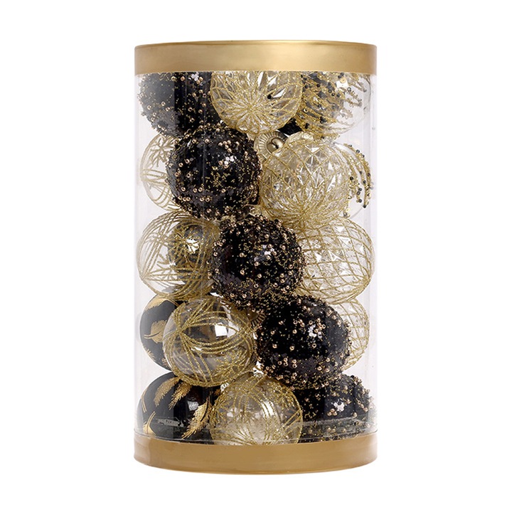 Set 25 globuri de Craciun pictate, negru si auriu, plastic, decorare, 6cm