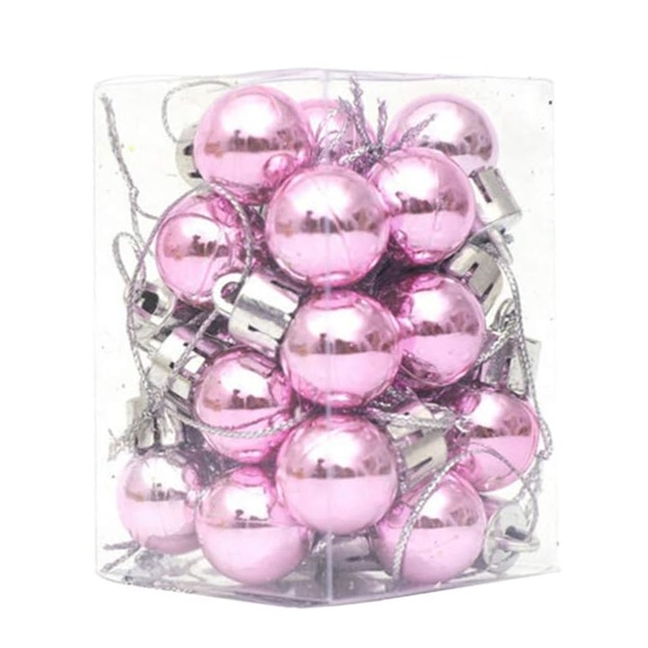 Set 24 Globuri de Craciun, plastic rezistent, roz, 2cm