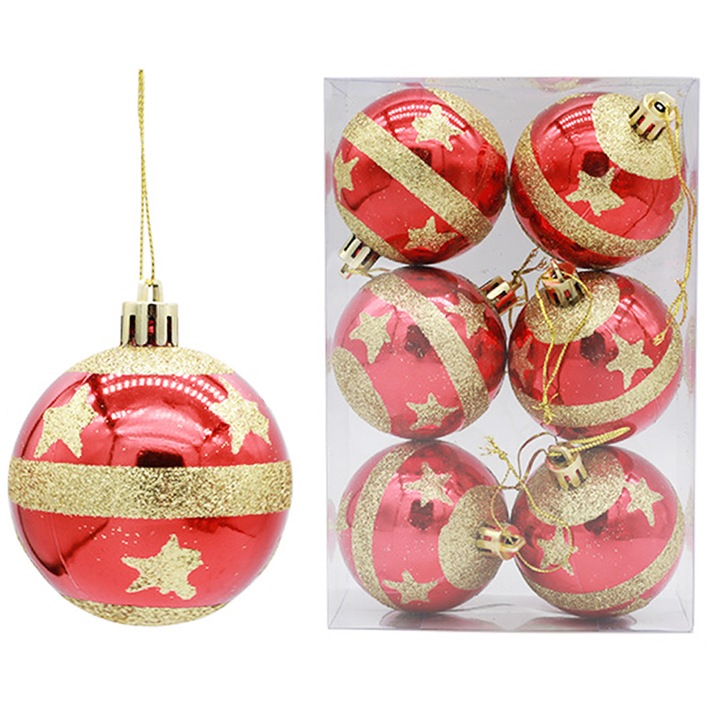 Set 6 globuri de Craciun, Plastic, 6 cm, Rosu/Auriu