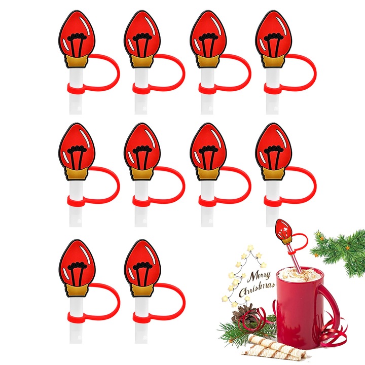 Set 10 capace pentru pai, silicon, tematica Craciun, multicolor, 8mm