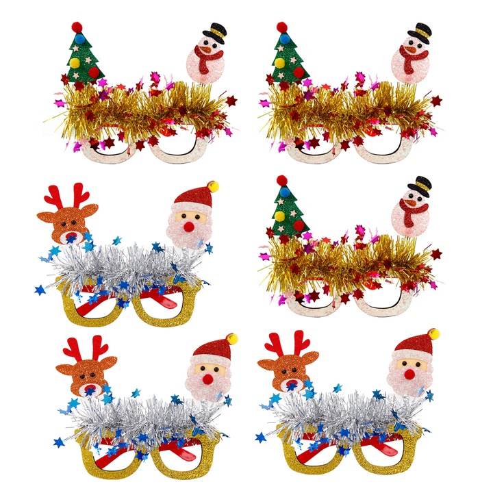 Set 6 ochelari Craciun, Plastic, Auriu Rosu, 23g