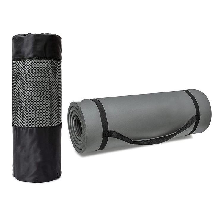 Saltea fitness antiderapanta, set curea si geanta din plasa, gri