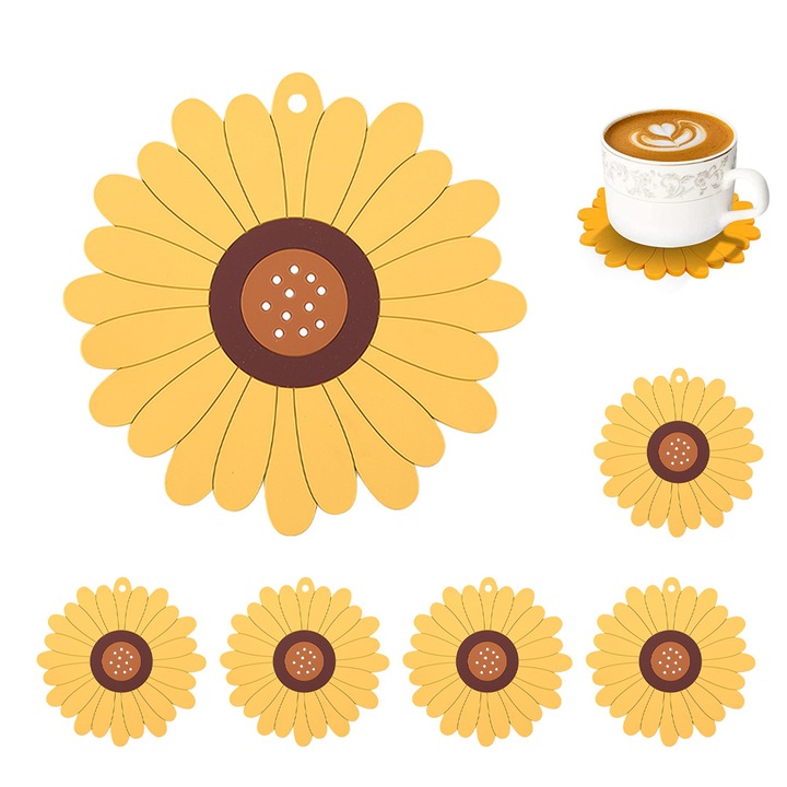 Set 6 suporturi bauturi, silicon, rezistente la caldura, galben, 10cm